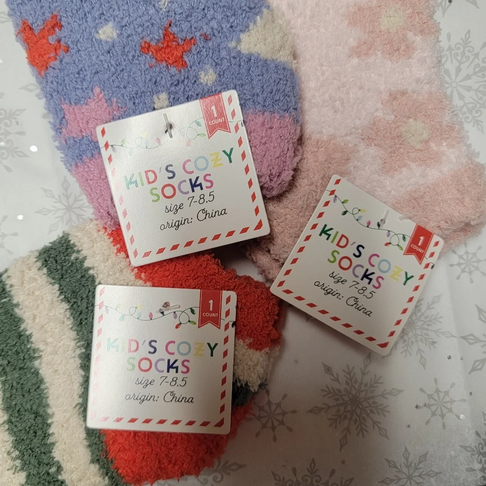 Kid's Cozy Socks Three Pairs of Fuzzy Socks Festive Winter Holiday Stripe Floral